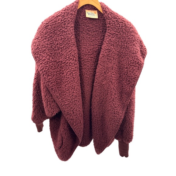 Nordic Beach Body Wrap Sherpa Fleece Hooded Cardigan Mahogany Wine One Size OSFA - Picture 2 of 6